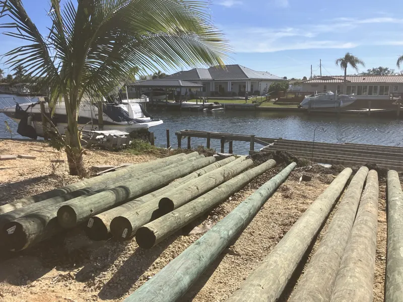 Marine pilings staged on site
